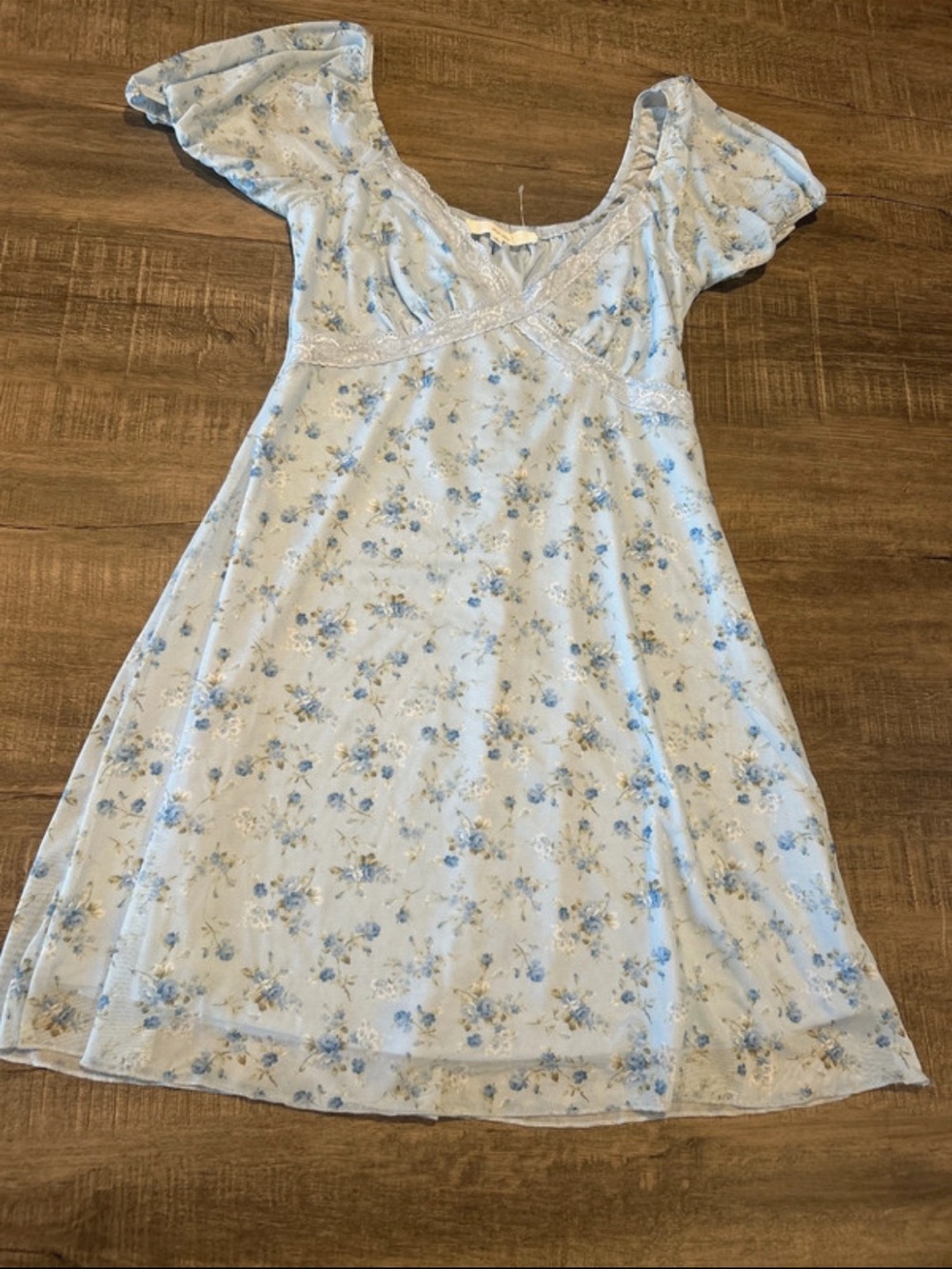 Light Blue Floral Mini Dress with Lace Trim - Women's Summer Dress